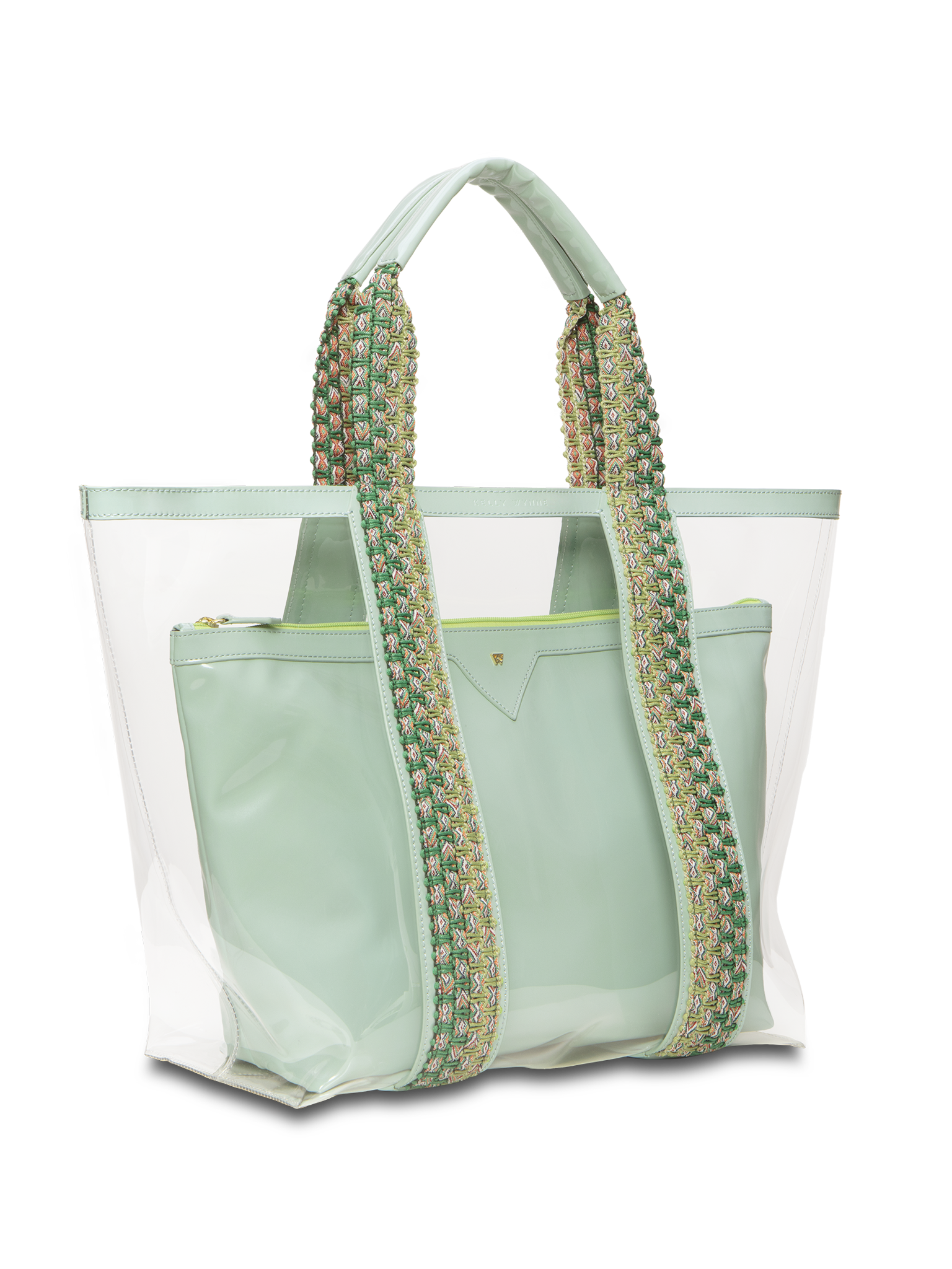 Clear exterior tote large enough to pack all your summer essentials. Waterproof material to make cleaning a breeze. Removable interior pouch made with water resistant vegan leather in green 