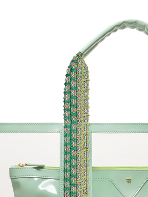 Load image into Gallery viewer, Hand woven, durable strap in green and white. Strap quality ensures your bag can stand up to all your water activities, making this tote easy and comfortable to carry #color_seafoam
