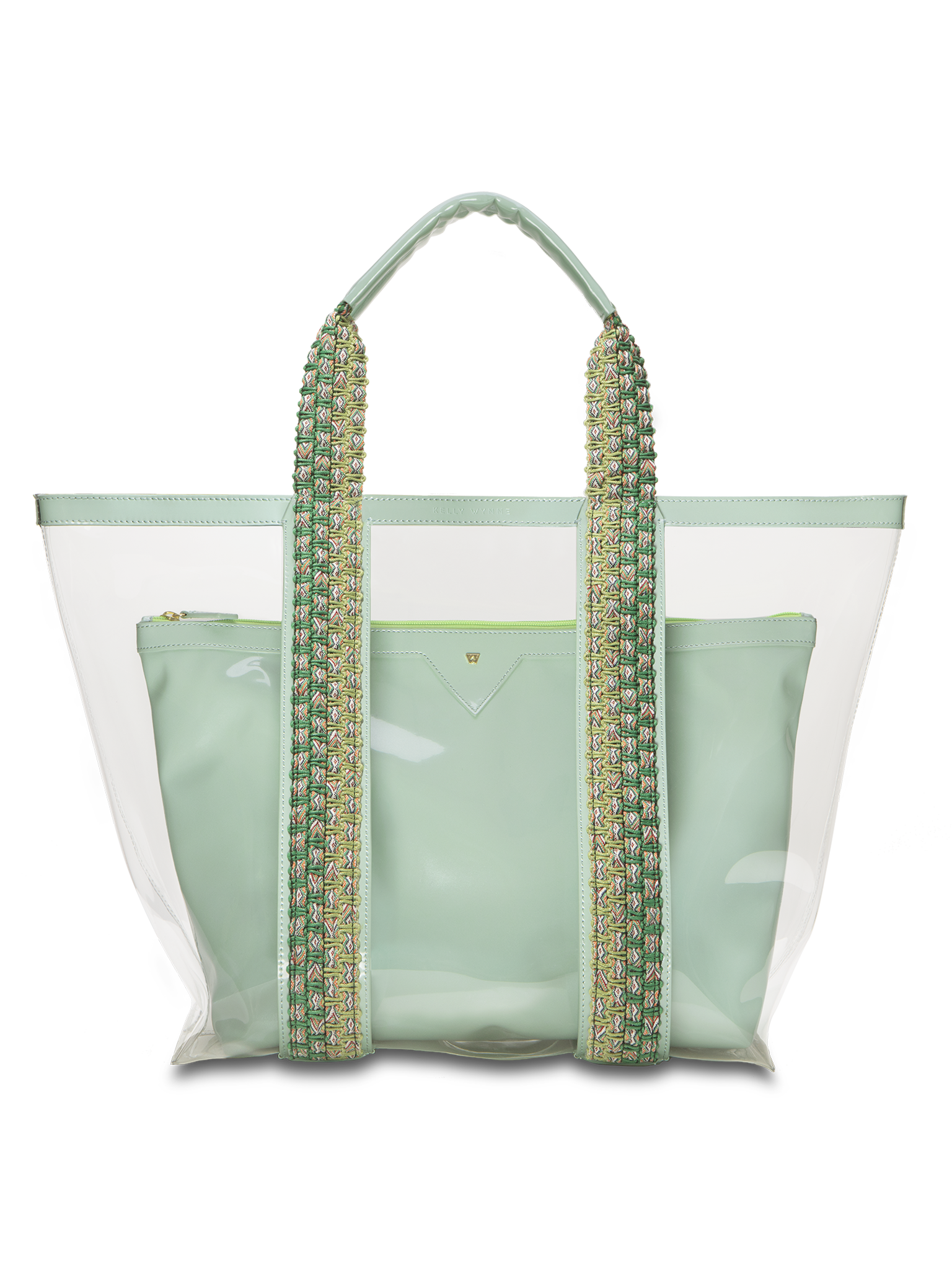 Water resistant, high-quality beach bag. Exterior tote in clear, interior patent leather pouch in Seafoam 