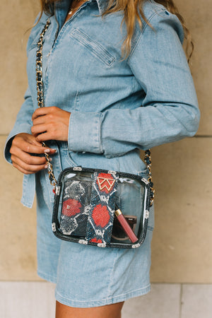 Load image into Gallery viewer, Clear Mingle Mingle Mini in Red/Navy Multi Python - Kelly Wynne
